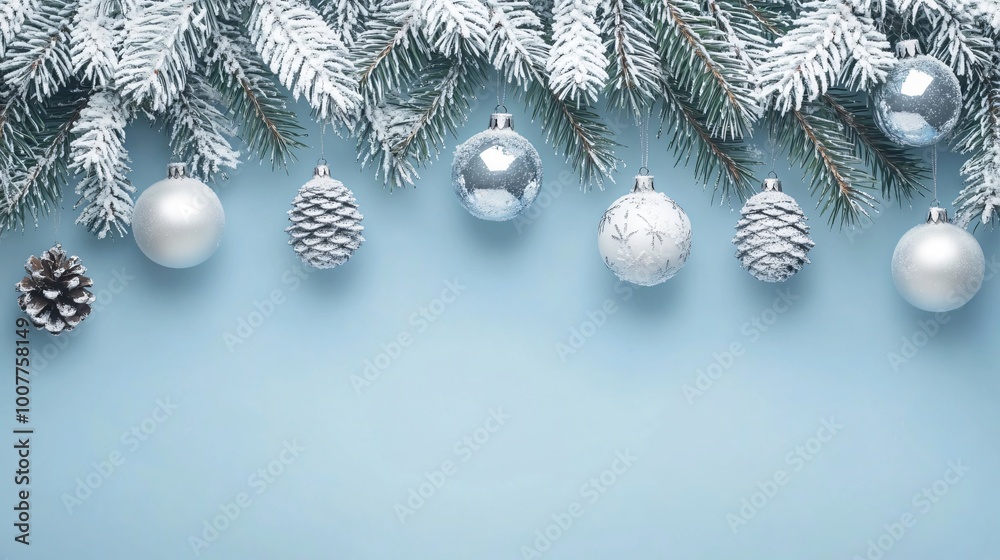 Snowy pine branches with silver ornaments and pine cones on a light blue background. Snowy pine branches with silver ornaments and pine cones on a light blue background.
