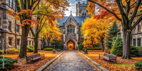 A serene campus pathway winds through autumnal foliage, leading to a majestic Gothic-style building, symbolizing