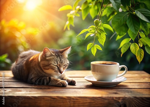 A serene cat curled up beside a warm cup of coffee on a rustic wooden table, surrounded by photo