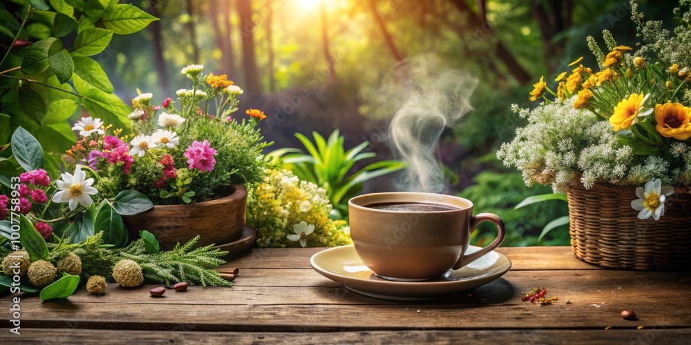 A serene still life scene featuring a steaming cup of coffee surrounded by lush greenery, delicate flowers, and