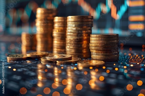 Coins stacked and a financial chart, representing monetary wealth and business growth