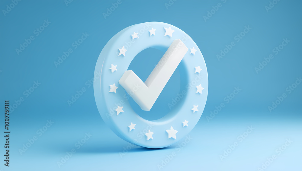 3D Cute Checkmark Icon with Stars on Blue Background 3D Cute Checkmark Icon with Stars on Blue Background