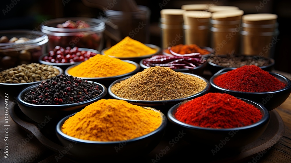 A symphony of vibrant spices, each with its own distinct aroma and flavor, presented in a collection of black bowls on a rustic wooden surface. A symphony of vibrant spices, each with its own distinct aroma and flavor, presented in a collection of black bowls on a rustic wooden surface.