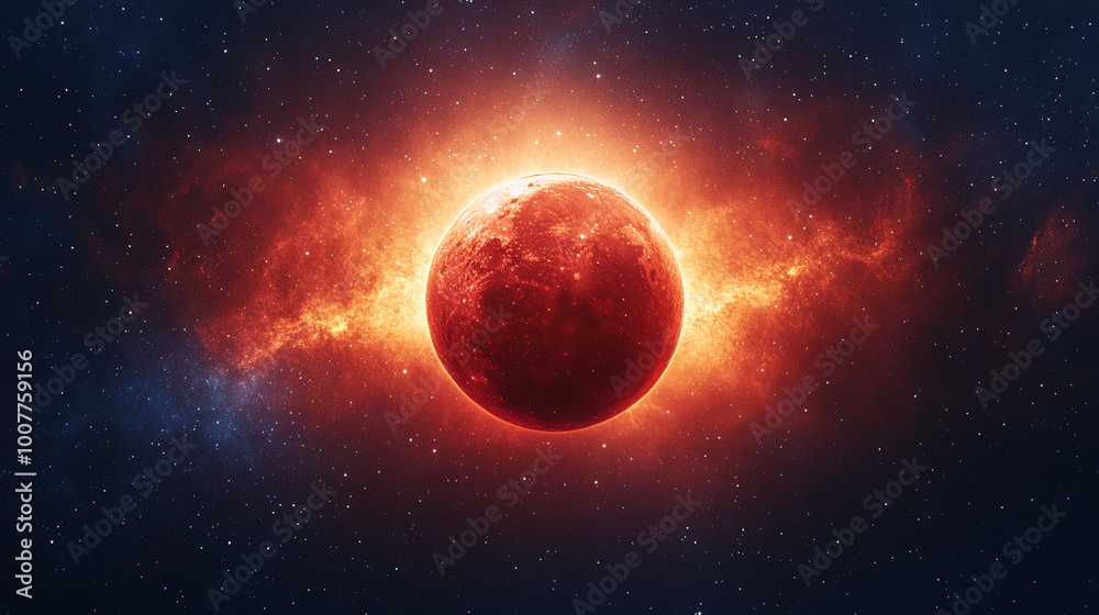 Obraz premium red planet in starry sky - cosmic landscape with glowing nebulas and stars