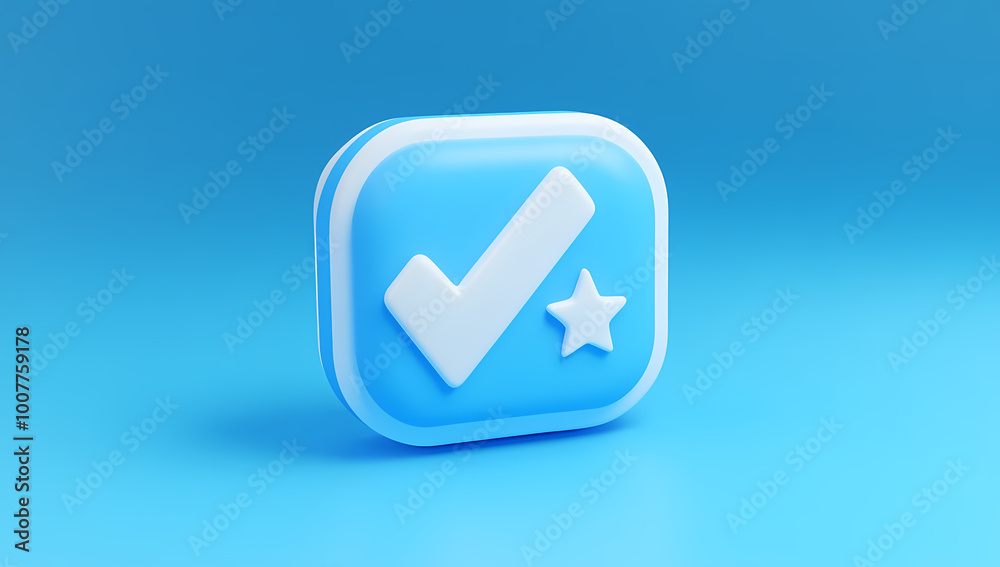 3D Cute Checkmark Icon with Stars on Blue Background 3D Cute Checkmark Icon with Stars on Blue Background