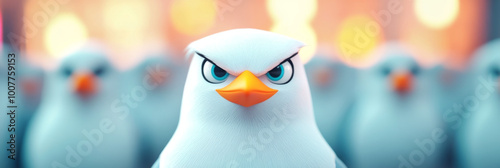 Angry cartoon penguin stares intensely.