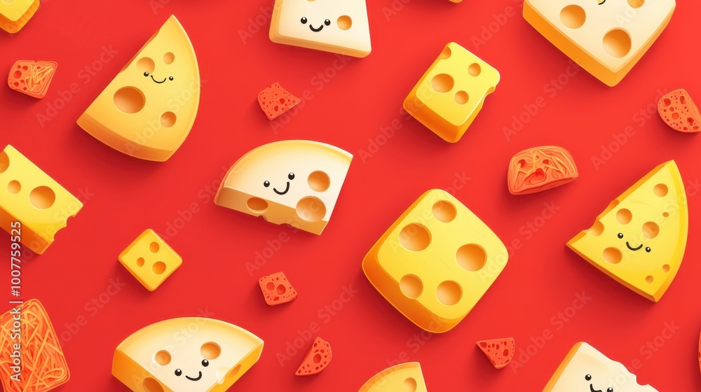 Whimsical cheese illustrations with cartoon-like faces in a seamless repeating pattern Whimsical cheese illustrations with cartoon-like faces in a seamless repeating pattern