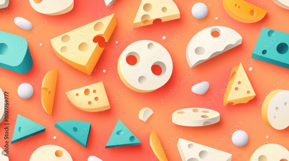Playful cheese pattern featuring different shapes like cubes slices and wedges on a vibrant background Playful cheese pattern featuring different shapes like cubes slices and wedges on a vibrant background