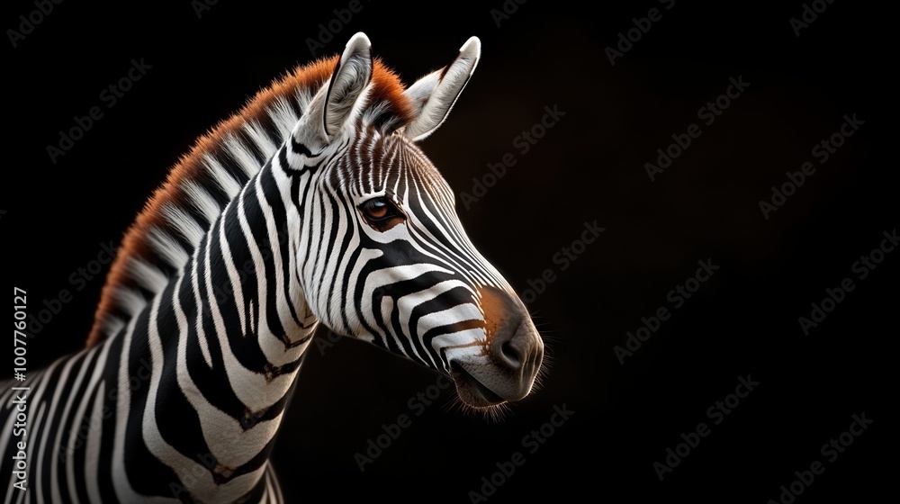 Zebra portrait on a black background, showcasing its distinctive stripes. Zebra portrait on a black background, showcasing its distinctive stripes.