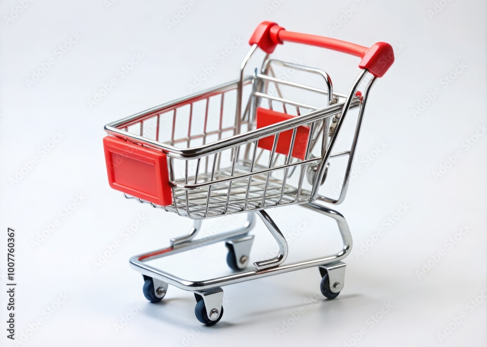 A single, miniature shopping cart sits alone on a white background, symbolizing a small business starting from scratch, A single, miniature shopping cart sits alone on a white background, symbolizing a small business starting from scratch,