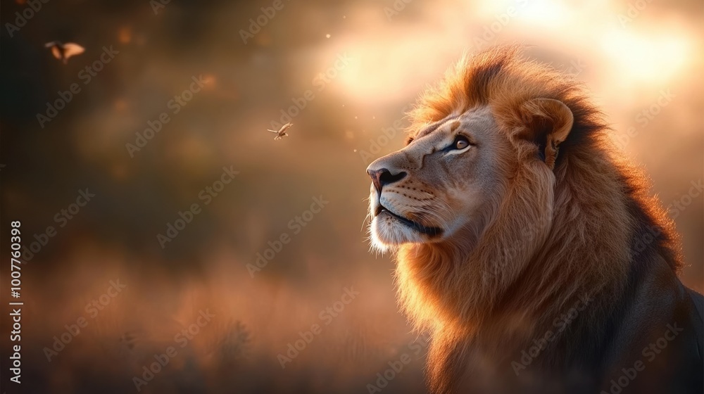 Fototapeta premium Majestic lion gazing into the distance, surrounded by a serene natural environment.