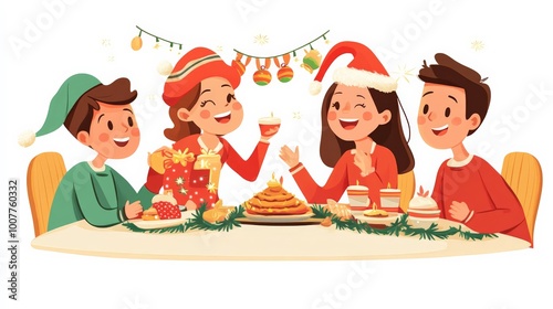 Festive holiday gathering with four cheerful friends enjoying a Christmas meal, decorated with festive ornaments and winter hats. photo