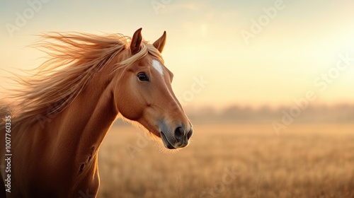 Majestic horse with flowing mane against a sunlit field.