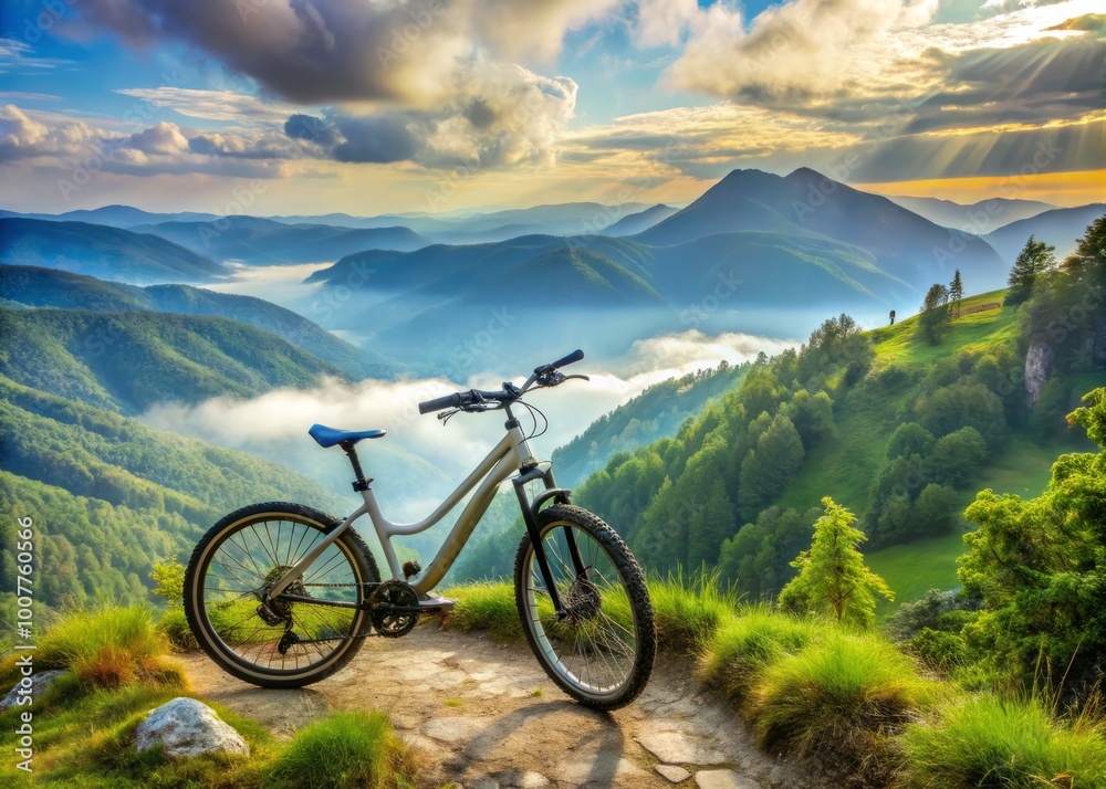 A sleek, eco-friendly electric bicycle parked on a scenic mountain trail, surrounded by lush greenery, with a rugged A sleek, eco-friendly electric bicycle parked on a scenic mountain trail, surrounded by lush greenery, with a rugged