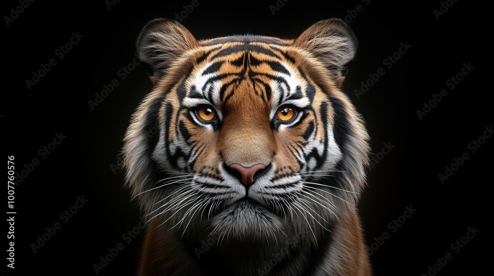 Obraz premium Majestic tiger portrait, fierce gaze, detailed fur, isolated on black background.