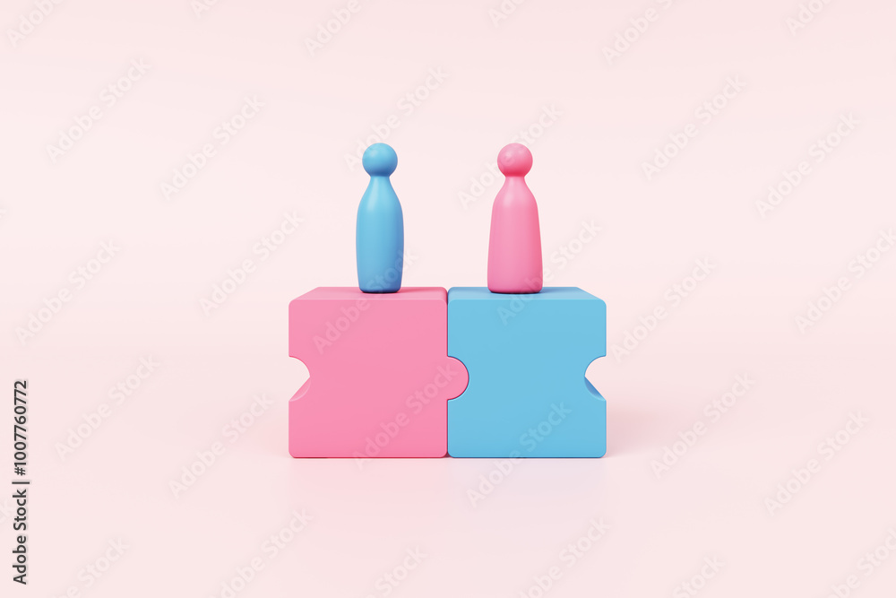 3D Female male icon sex jigsaw concept. compatible learn study feminine masculine boy girl education pink blue pastel. lover married couple sexual intercourse or family relationship. 3D Illustration. 3D Female male icon sex jigsaw concept. compatible learn study feminine masculine boy girl education pink blue pastel. lover married couple sexual intercourse or family relationship. 3D Illustration.