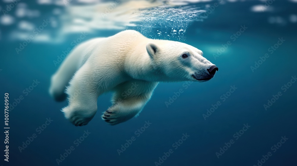 Fototapeta premium Polar bear swimming gracefully in clear blue water, captivating marine environment.