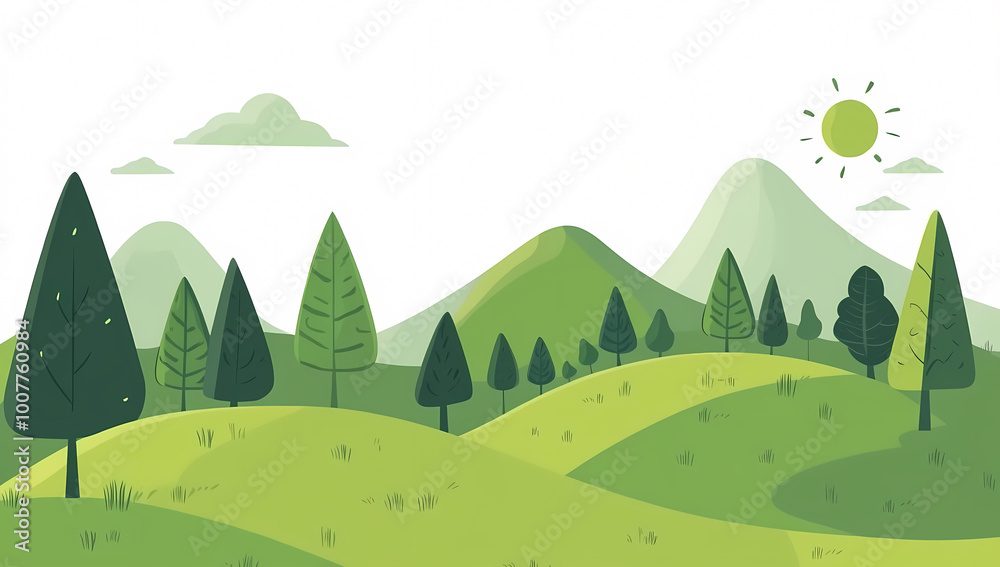 Fototapeta premium Cartoon Vector Illustration of Cute Green Hills Landscape