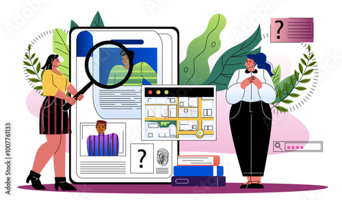 Prosecutor court concept. Women with magnifying glass looking at smartphone. Young girls in coutroom. Lawyer and judge, attorney. Flat vector illustration