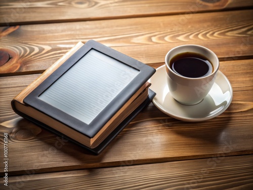 A sleek, modern electronic reading device with a glowing screen and comfortable grip, surrounded by books and coffee photo