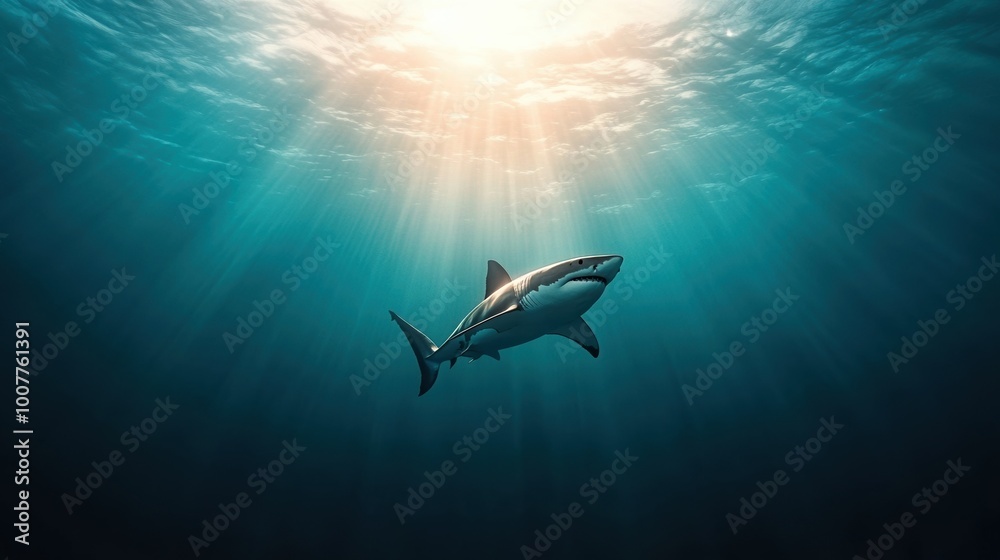 Obraz premium Shark swimming gracefully in deep blue ocean with sun rays penetrating water.