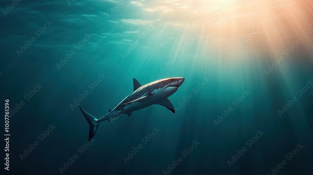 Fototapeta premium Shark swimming gracefully through the clear ocean waters, sunlight filtering down.