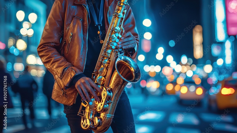 Jazz Musician Playing Saxophone in Busy City Scene Jazz Musician Playing Saxophone in Busy City Scene