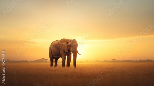 Two elephants silhouetted against a sunset in a grassy landscape.