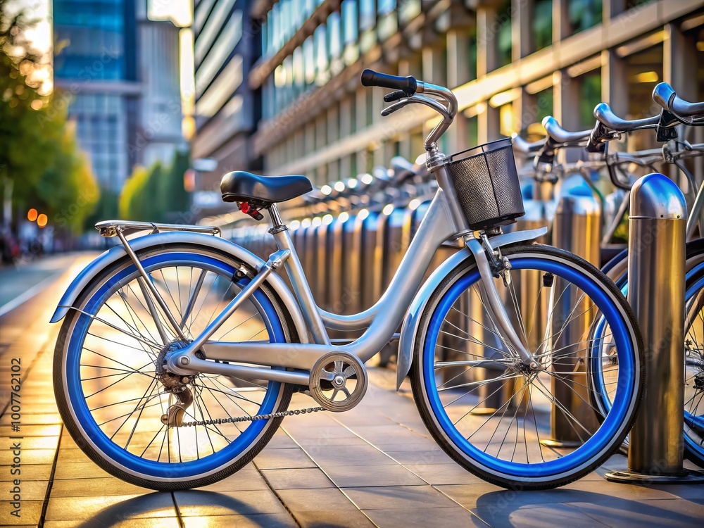 Obraz premium A sleek, silver bicycle with a bright blue wheel and prominent locking mechanism stands upright in a densely