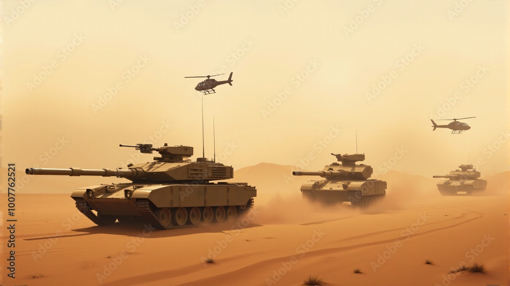Desert warfare scene with modern tanks and armored vehicles moving through a dusty, hot landscape, while helicopters patrol the skies. Desert warfare scene with modern tanks and armored vehicles moving through a dusty, hot landscape, while helicopters patrol the skies.