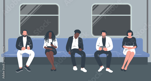 People on the Subway. Men and Women Sitting, Looking at their Smartphones. People Travel on Public Transport. Windows, Seats, Handrails. Vector Illustration