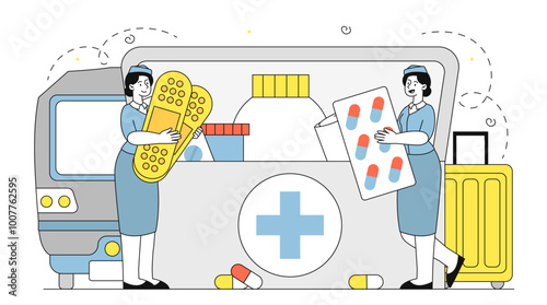 Women with railway first aid. Stewardesses with pills and drugs. Health care and medicine. First aid for accidents. Pharmacy and treatment. Linear vector illustration