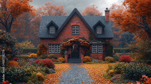 autumnal cottage with stone path and vibrant foliage