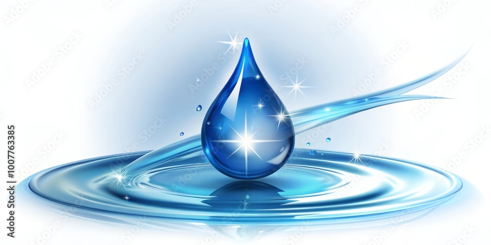 Fototapeta premium A sparkling blue droplet with a white swoosh, resembling a stylized cleaning logo, sits atop a spotless white