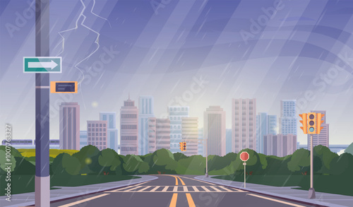 Rainy dull weather. Modern city street in fall season. Urban architecture. Skyscrapers and traffic light. Thunderstorm and lightning. Downtown in rainy weather. Flat vector illustration