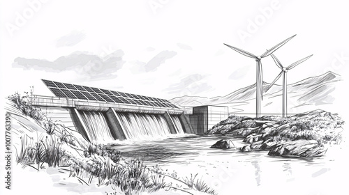 Wallpaper Mural black and white sketch of a dam with wind turbines and solar panels in a mountainous landscape Torontodigital.ca