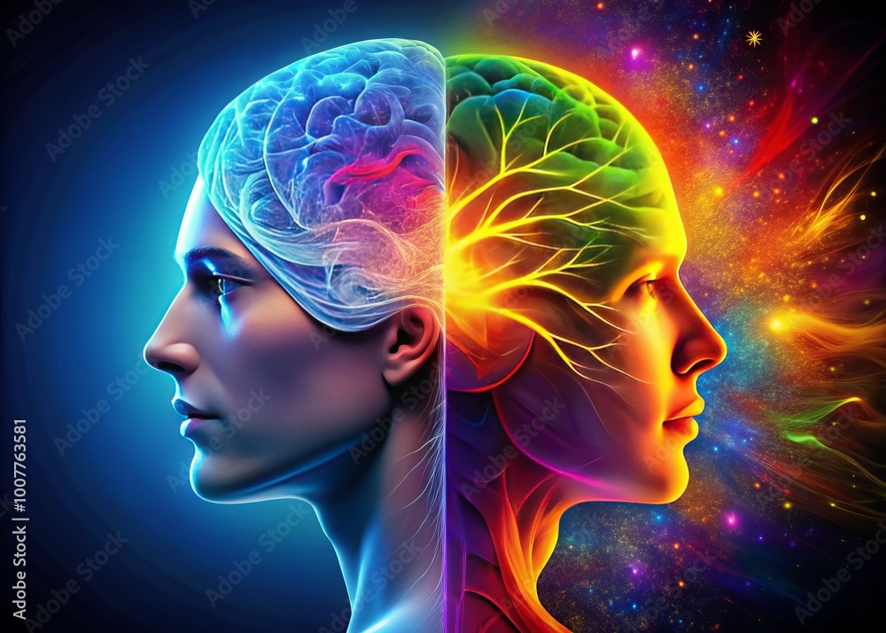 Obraz premium A split-brained illustrated concept depicts a rational, structured left side contrasting with a vibrant, emotive right