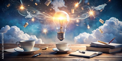 A sparkling lightbulb suspended among swirling clouds of creativity, surrounded by scattered papers, pens, and coffee photo