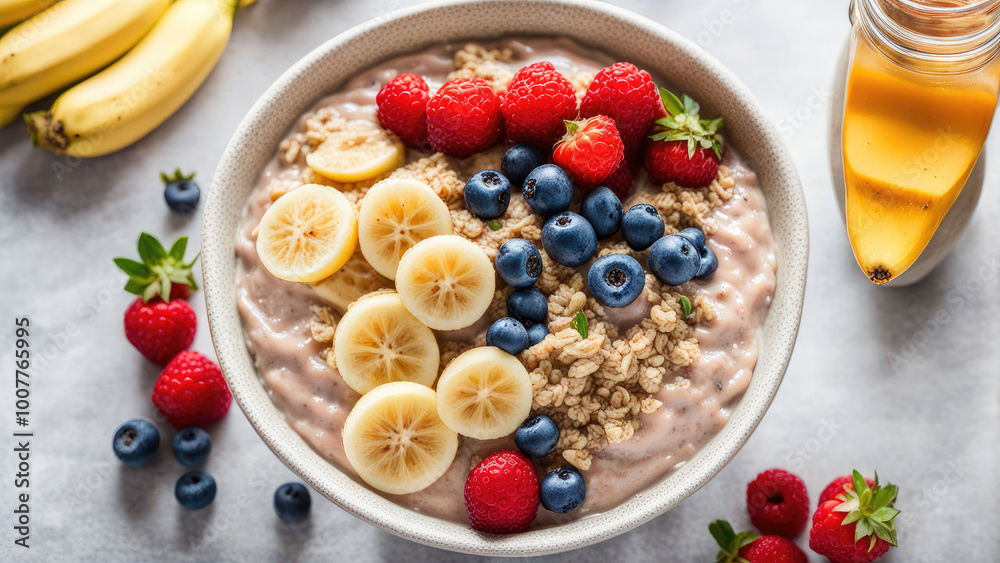 A cozy and inviting bowl of warm oatmeal topped with fresh berries, banana slices, and chia seeds, creating a nutritious and hearty breakfast that’s perfect for a healthy start to the day. A cozy and inviting bowl of warm oatmeal topped with fresh berries, banana slices, and chia seeds, creating a nutritious and hearty breakfast that’s perfect for a healthy start to the day.