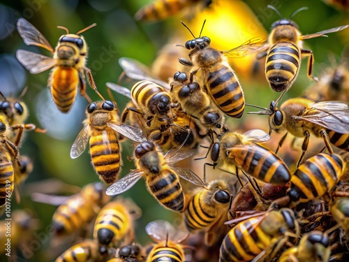 A swarm of aggressive, venomous bees attacks, their brown and yellow striped bodies a blur as they encircle photo