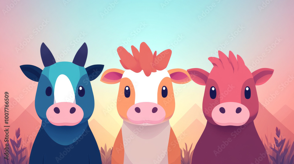 Naklejka premium Three cartoon cows in blue, orange, and red colors.