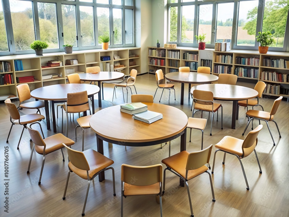 A tidy, well-lit classroom setting with a circular table surrounded by empty chairs, stacks of books, and a A tidy, well-lit classroom setting with a circular table surrounded by empty chairs, stacks of books, and a