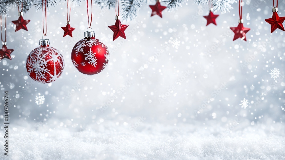 Two red Christmas ornaments with snowflake design hanging from a snowy pine branch over a snowy white background. Two red Christmas ornaments with snowflake design hanging from a snowy pine branch over a snowy white background.