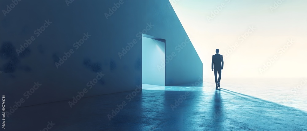 A solitary figure walks towards a bright doorway, evoking themes of opportunity and exploration in a serene, modern environment. A solitary figure walks towards a bright doorway, evoking themes of opportunity and exploration in a serene, modern environment.