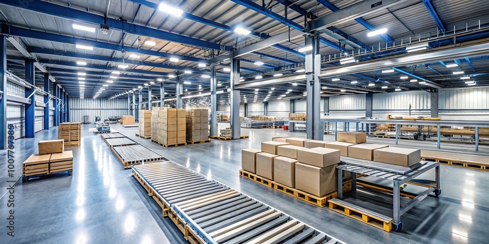 Automated machinery with steel rollers and precision controls moves packaged goods through a modern industrial Automated machinery with steel rollers and precision controls moves packaged goods through a modern industrial