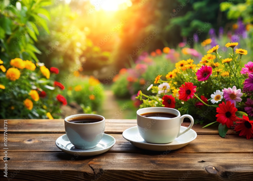 A warm cup of freshly brewed coffee sits on a rustic wooden table surrounded by lush greenery and A warm cup of freshly brewed coffee sits on a rustic wooden table surrounded by lush greenery and