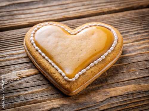 A warm, golden-brown cookie in the shape of a heart, avec delicate edges and a sweet, sugary glaze,