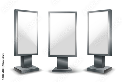 Realistic light box set. Billboard for outdoors advertising. Promotion at street. Advertising and marketing, branding. Place for text and presentations. 3D vector collection