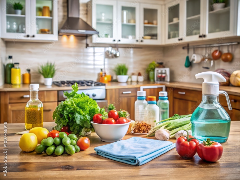 A well-organized kitchen counter with face masks, sanitizer, and fresh ingredients, highlighting the new normal of A well-organized kitchen counter with face masks, sanitizer, and fresh ingredients, highlighting the new normal of