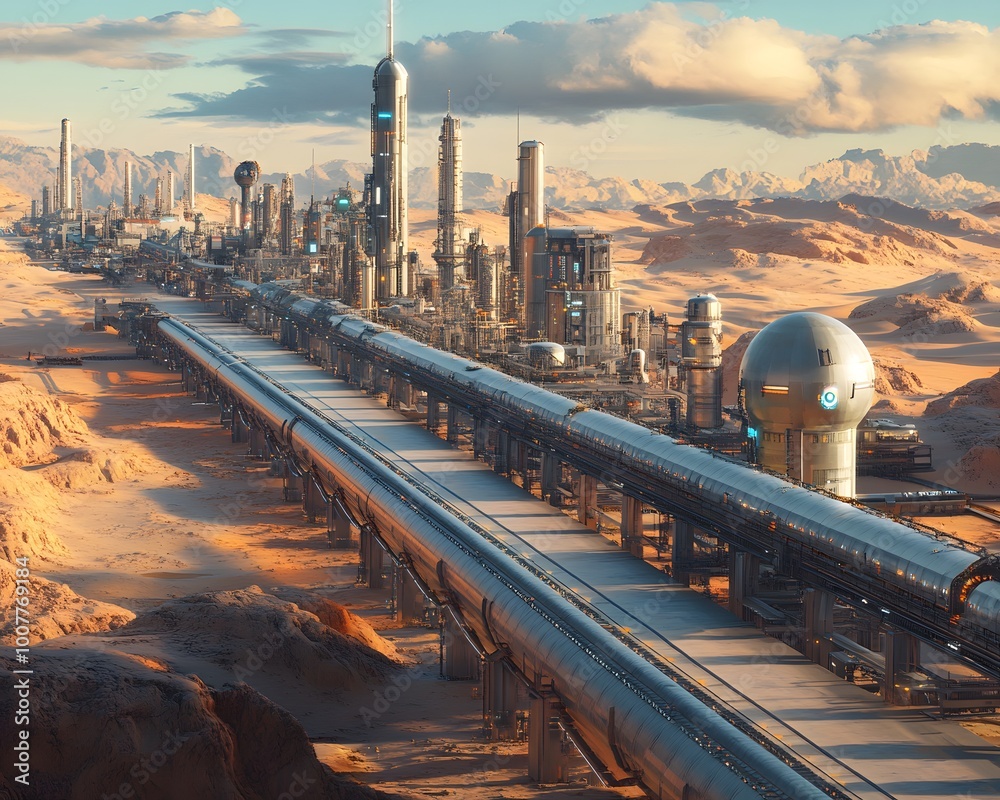 Fototapeta premium Futuristic cityscape with advanced technology, transportation system, and vast desert landscape in the background.
